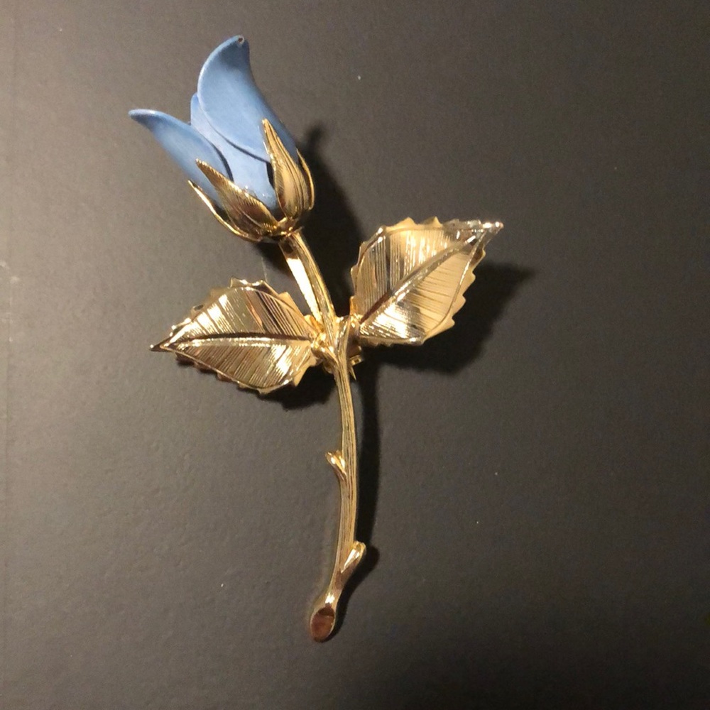 Blue and gold tone Rose Brooch Pin.